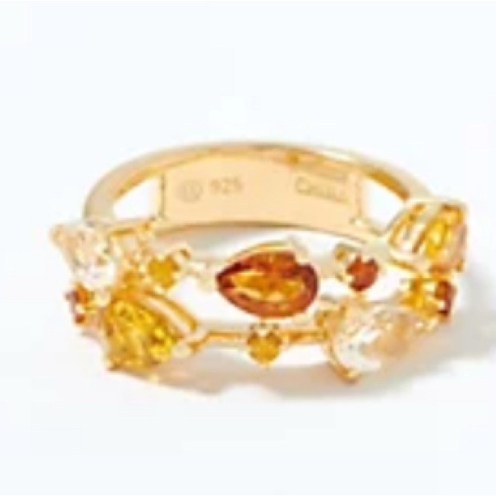 Citrine Multi-Cut Gemstones Double Band Ring 14K Goldplated Sterling Silver Sz 8